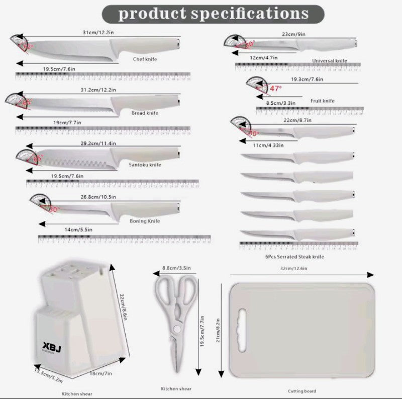 XBJ 15 Piece Kitchen Knife Set With Sharpener